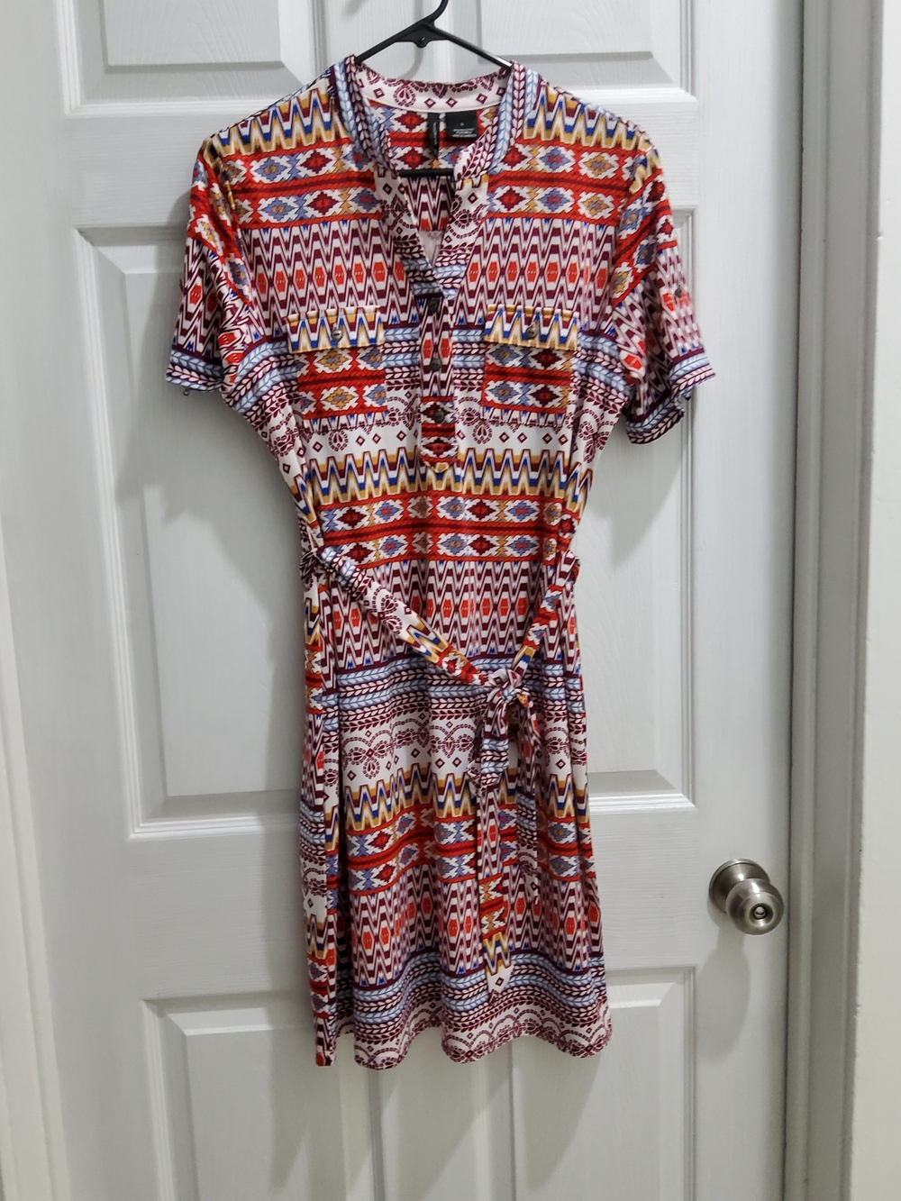 Womens Multicolor Geometric Wrap Dress - Red & Blue